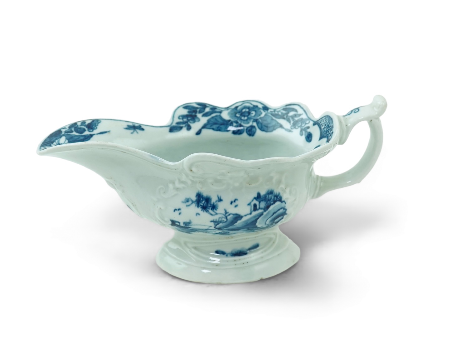 A Worcester blue and white Triangular Platform pattern high footed sauce boat c.1755